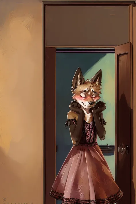 wolf, male, slender, ((twink)), ((androgynous)), ((effeminate)), detailed, uploaded to e621, beautiful and detailed portrait, kenket, uploaded to e621, cross dressing, floral lace dress, (embarrassed, blushing, pouting, mad)