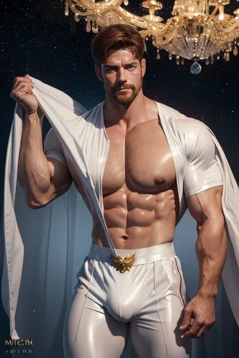 Sailor moon male version , dynamic pose ((muscle man , abs , 50 years old , big bulge , ginger beard , oil , freckles , short hair , Brown eyes , hair chest , wearing a sailor moon outfit in latex plastic)) in white  background (iridescent , lights , stars...