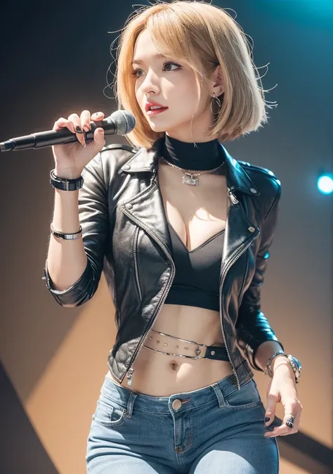 (masutepiece), A sexy、Natural light, Photorealistic, Cameltoe, diffuse glow, depth of fields, profetional lighting、big eye、the eyes are blue、a blond、Russian、Black leather jeans、Black leather pants、Black T-shirt、Rock、Microphone in right hand、The background ...