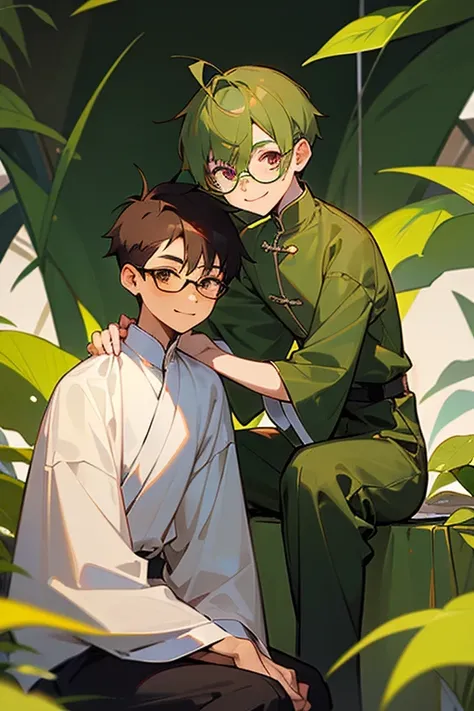 Two boy,a boy,green hair,short hair,wearing a black circle glasses,two green antenna,purple eyes,cute,white skin,Vietnamese Nguyen era,sitting,smiling,shy. a boy,light brown hair,undercut hair,brown eyes,light tan skin,sitting,smirk,wearing Vietnamese Nguy...