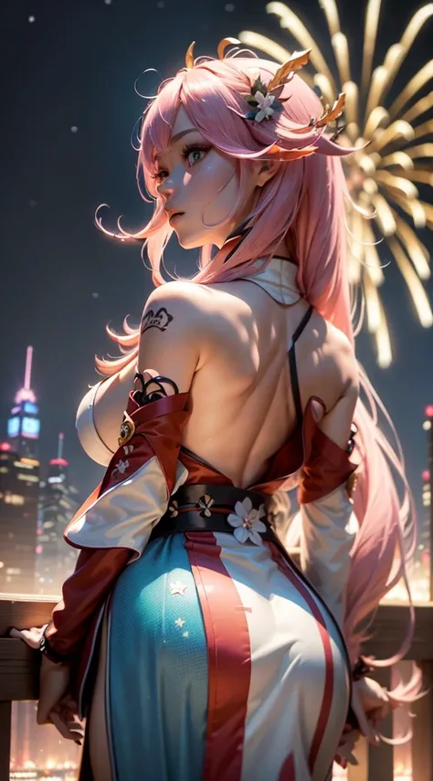 portrait,landscape,painting,illustration,yae miko, sleeves separated, strapless, (sideboob:1.45), pink hair, long hair, Japanese clothing,festive atmosphere,(grand fireworks display in the night sky),sparkling fireworks,mesmerizing colors,romantic ambiance...