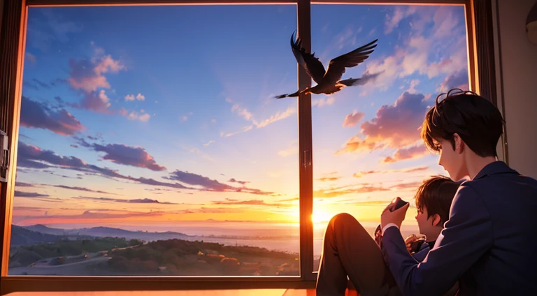 2 boys, 18 years old, sitting next to each other on the window watching the sunrise, beautiful landscape with flying birds and clouds