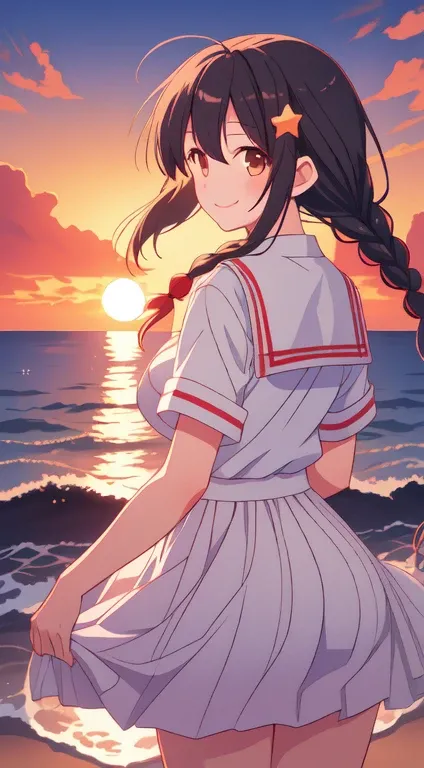 1girl, solo,smile, beach,(sunset:1.1),  akagi_rin(denchi-project), solo,  star hair ornament, twin braids,sparkle, from behind, looking back, huge sunset,red floating, uniform, night, waving, sea