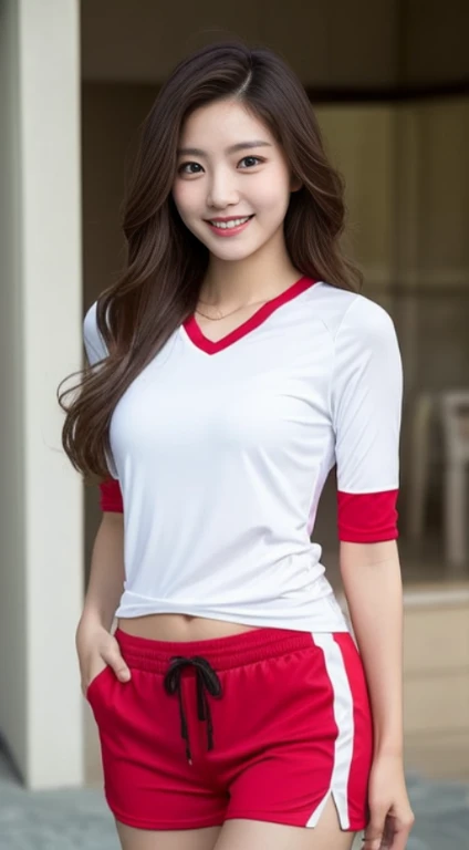 A woman with the same face as last time，４Ｋ、１Man Woman、A slender、 Loose wavy styling, Ecstatic expression、Photo wearing red and white shirt and shorts, white t-shirt with red sleeves, Tight shirt, Open V chest clothes,I&#39;m not wearing anything inside、Be ...