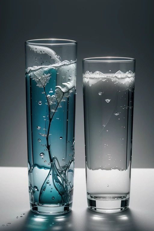 Capture the delicate balance between life and purity at the heart of your imagination. Envision two glasses of water facing each other, each carrying its own story. The first glass, teeming with microscopic life, hosts batteries and microbes engaged in a m...