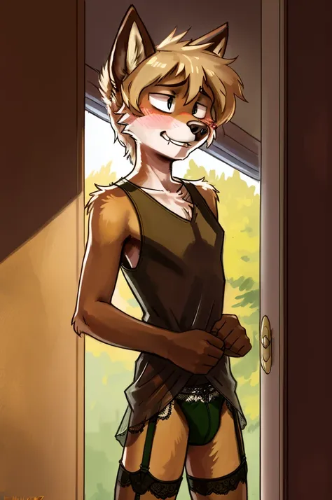 solo, wolf, ((male)), slender, day, ((twink)), detailed, uploaded to e621, beautiful and detailed portrait of an anthropomorphic boy, fauxhawk hair, (((male))), kenket, uploaded to e621, (see-through detailed lace sundress, detailed underwear visible throu...