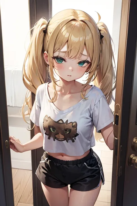 cute girl, sleepy, cotton micro shorts, cropped tshirt, messy hair, blonde, green eyes, twin tails, open door, doorway, from above, dark background