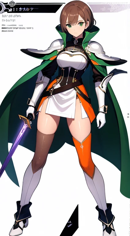 (((Best Quality))) , ((full body)), female, reference sheet, solo, (white background), holding sword, gloves, waist armor, thigh high, side slit trench skirt, blue, orange, green, violet, brown, white, colorful outfit,