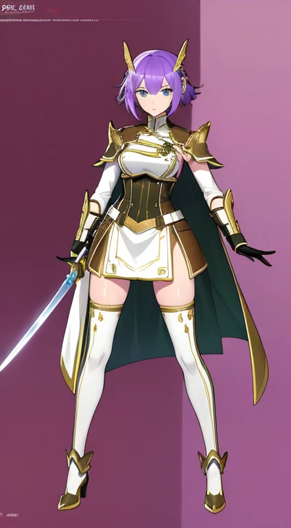 (((Best Quality))) , ((full body)), female, reference sheet, solo, (white background), holding sword, gloves, waist armor, thigh high, side slit trench skirt, blue, orange, green, violet, brown, white, colorful outfit,