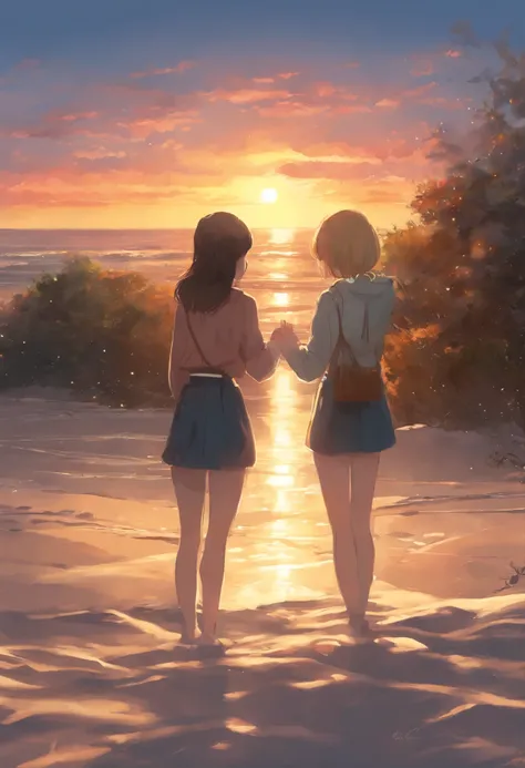 Girls from different worlds (snowfall, Christmas tree, New Years toys, Beach,waves, sand)stretch out hands to each other, anime couple two girls friends brunette and blonde, standing on a ledge and watching the sunset, clouds and rainbow below, guweiz and ...