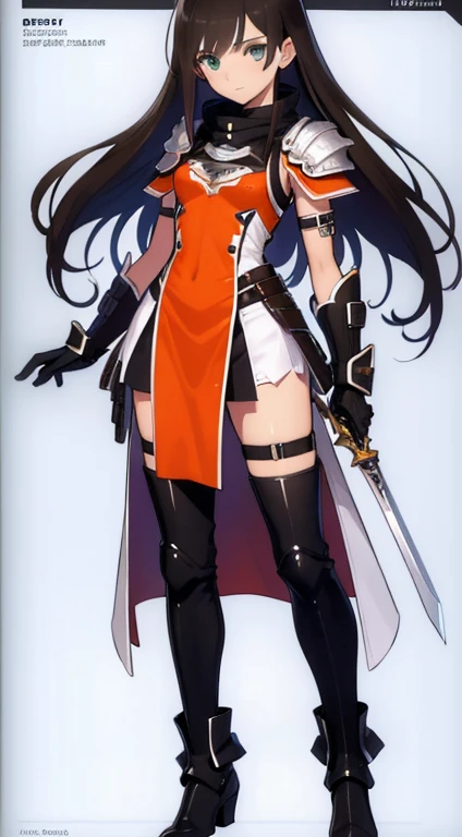 (((Best Quality))) , ((full body)), female, reference sheet, solo, (white background), holding sword, gloves, waist armor, thigh high, side slit trench skirt, blue, orange, green, violet, brown, white, colorful outfit,