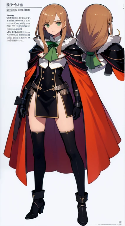 (((Best Quality))) , ((full body)), female, reference sheet, solo, (white background), holding sword, gloves, cloak, thigh high, side slit trench skirt, blue, orange, green, violet, brown, white, colorful outfit,