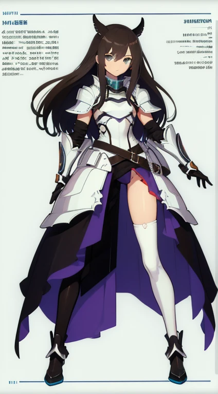 (((Best Quality))) , ((full body)), female, reference sheet, solo, (white background), holding sword, gloves, (((waist armor))), thigh high, side slit trench skirt, blue, orange, green, violet, brown, white, colorful outfit,