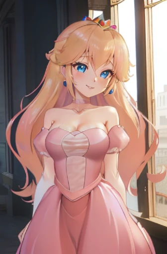 highres, masterpiece, perfect ligthing, bloom, cinematic lighting, , perfect skin, female, ((cowboy shot)), Wide-Legged Seated Forward Bend, smile, narrow waist, skinny,  (PrincessPeach), (Princess Peach), (Pink dress:1.6), choker, detailled eyes, blue eye...