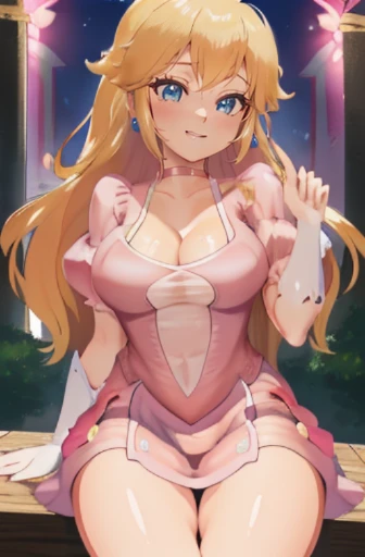 highres, masterpiece, perfect ligthing, bloom, cinematic lighting, , perfect skin, female, ((cowboy shot)), Wide-Legged Seated Forward Bend, smile, narrow waist, skinny,  (PrincessPeach), (Princess Peach), (Pink dress:1.6), choker, detailled eyes, blue eye...