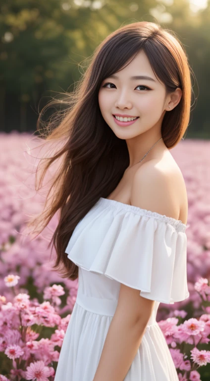 Best quality, masterpiece, ultra high res, (photorealistic:1.4), raw photo, 1girl, white dress, off shoulder, blossom flower field, glowing skin, light smile