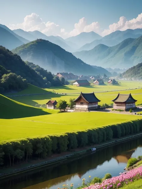 Beautiful view of the Chinese countryside，There are green mountains and green water，There are houses，There are beautiful flowers