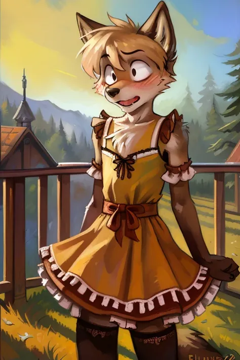 solo, wolf, ((male)), slender, day, ((twink)), detailed, uploaded to e621, beautiful and detailed portrait of an anthropomorphic boy, fauxhawk hair, (((male))), kenket, uploaded to e621, (detailed German Oktoberfest dress, garter, petticoat), shocked eyes ...