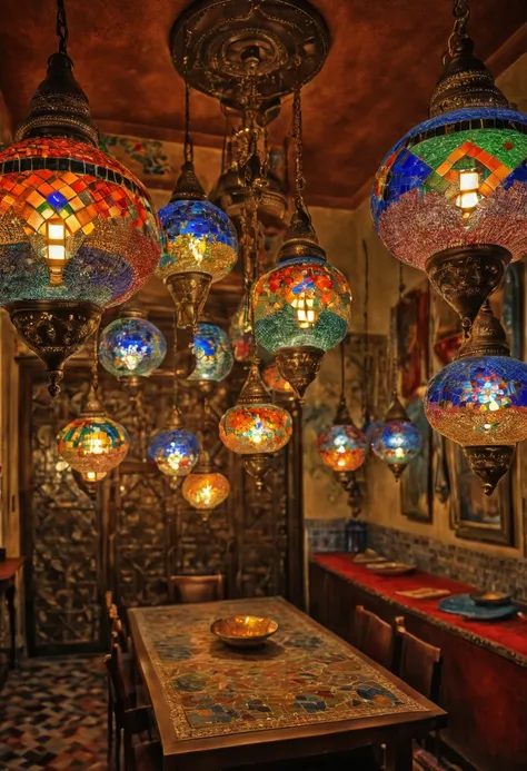 A [ curvy | voluptuoueautiful ]   gypsy odalisque 
in the middle of hanging turkish pendant lamps made of multicolored mosaic glass shade
,Kay Nielsens [ colorful | vibrant ]  ( ( HDR) masterpiece ( in geometric CCDDA  artstyle ) )