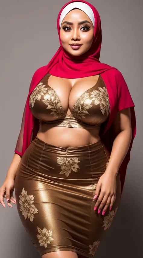 indonesian girl sexy seducing pose, party background, wearing hijab, brown floral pattern color hijab, big breast covered by dress, wide waist, thick thighs bright lighting, big round ass, 30 years old, slim body