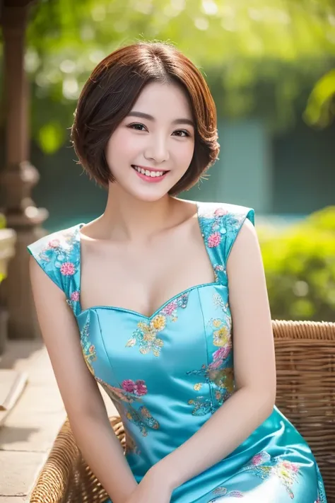 top-quality、​masterpiece、hight resolution、4K、real 20 year old woman、Sparrow、qipao dress、Chinese big breasts、sparrow、a smile、Shorthair、1girl in、