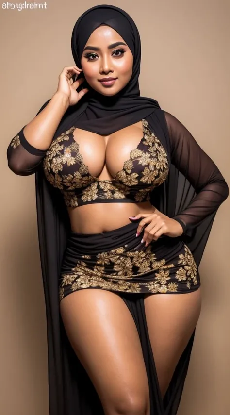 indonesian girl sexy seducing pose, party background, wearing hijab, brown floral pattern color hijab, big breast covered by dress, wide waist, thick thighs bright lighting, big round ass, 30 years old, slim body