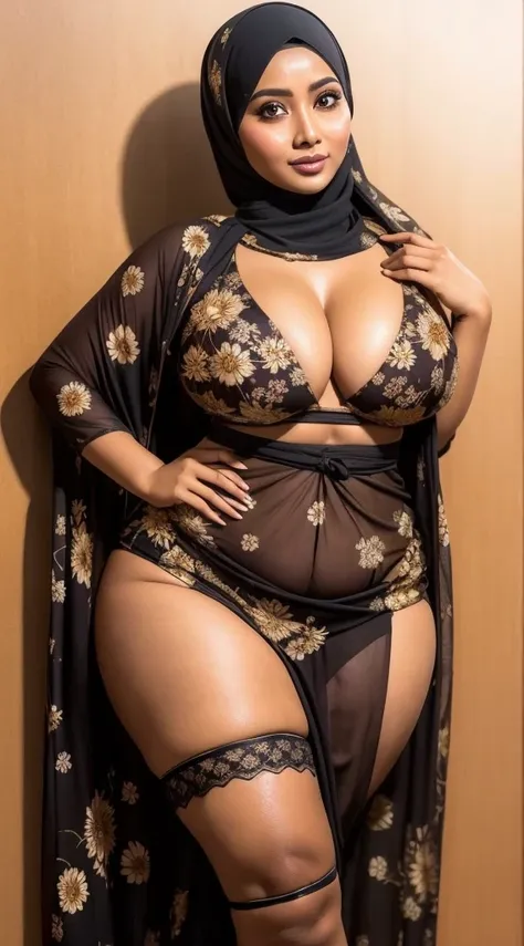 indonesian girl sexy seducing pose, party background, wearing hijab, brown floral pattern color hijab, big breast covered by dress, wide waist, thick thighs bright lighting, big round ass, 30 years old, slim body