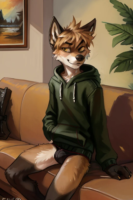 solo, wolf, ((male)), slender, ((twink)), detailed, uploaded to e621, beautiful and detailed portrait of an anthropomorphic boy, fauxhawk hair, (((male))), kenket, uploaded to e621, (oversized loose hoodie, black laces panties, bulge), dark living room, si...