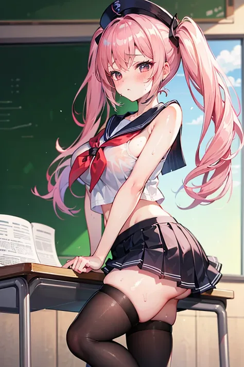 Perfect human body，1 girl， (very highly detailed background，‎Classroom)，twintails，long whitr hair， 鎖骨，(Ultra short sleeveless sailor top)，Bow knot，nabel，Low-rise miniskirt，semi transparent，(White stockings)，((woman with fever)), ((Sweated,steams,college ag...