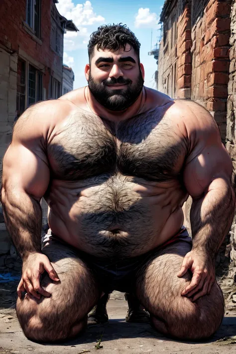 The chubby strong man kneeling, naked body_hair (detailed eyes, face:1.2)