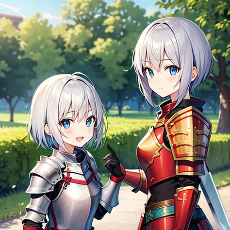 short-hair　silber hair　teens girl　Sword and shield　Red armor　kawaii faces