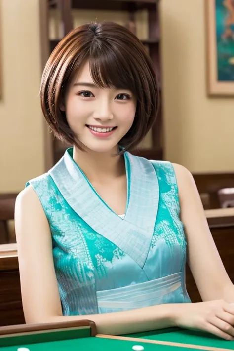 top-quality、​masterpiece、hight resolution、4K、real 20 year old woman、female mahjong player、mahjong costume、a smile、Shorthair、1girl in、