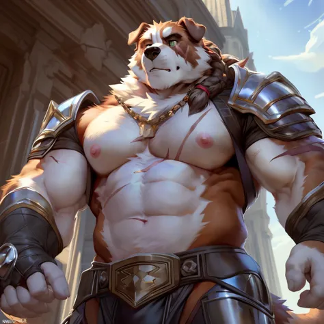 ((best quality)), ((masterpiece)), (detailed), solo, male, furry, Saint Bernard dog, folded dog ears, daddy, dilf, mature man, ((scar on left eye)), green eyes, warrior braid, bara, pink nipples, exposing armor, tail, guild hall setting, calm atmosphere, d...