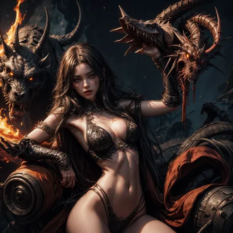 hellish nightmare, monsters, demons everywhere, young female exposed, exposed breats, semi_nude, exposed navel, (boobs),nsfw:1,1, fire