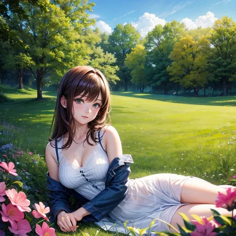 (best quality,4k,8k,highres,masterpiece:1.2), ultra-detailed, (realistic,photorealistic,photo-realistic:1.37), vibrant colors, soft lighting, Kurisu Makise, brown hair, charming expression, in a meadow, beautiful landscape, gentle breeze, serene atmosphere...