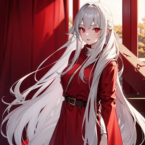 Beautiful girl with long light gray hair, red eyes, red lips, in a divine red-crimson robe, stands