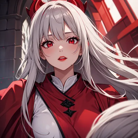 Beautiful girl with long light gray hair, red eyes, red lips, in a divine red-crimson robe, stands