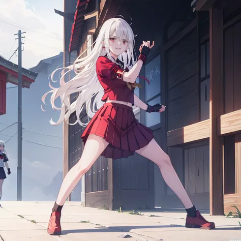 sukeban illyasviel_von_einzbern, mature_female, silver hair, holding yoyo, combat pose, full body, flowing hair, hair between th...