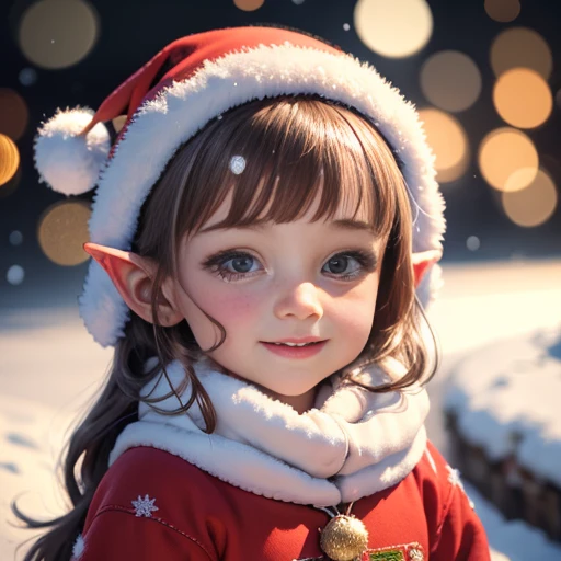 (best quality,highres:1.2),ultra-detailed,realistic,portrait,illustration, Christmas theme,elves,kids,10 years old,festive clothing,playing in the snow,joyful expressions,winter wonderland background,vivid colors,warm sunlight,sparkling snowflakes,variatio...