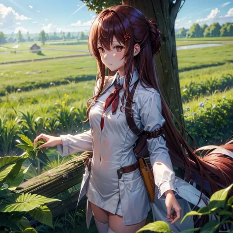 Kurisu Makise, les cheveux bruns, toute nue avec un air sexy. Pas de vêtements. Dans une prairie au bord dune rivière