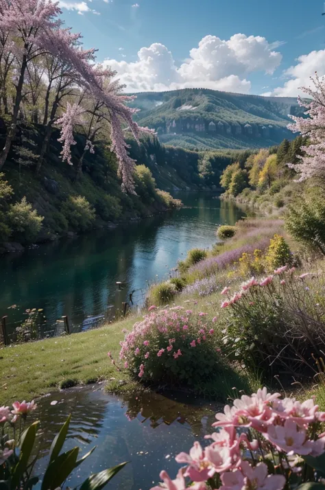 masterpiece, best quality, high quality, extremely detailed CG unity 8k 16:9 wallpaper, scenery, outdoors, sky, cloud, day, no humans, mountain, small birds , lily lake,landscape, water, cherry trees, blue sky, high waterfall, high cliff, nature, lake, riv...