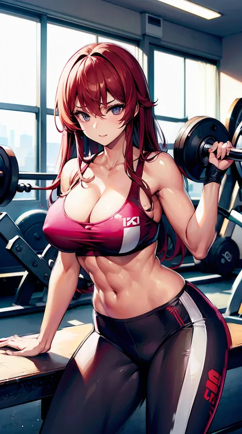 Rias Gremory, six-pack abs, arm muscles,  red hair, long hair, pink sports bra, black Sports Leggings, Gym,  big breastes, Bodybuilder Girl, perfect abs, six-pack abs, the perfect body