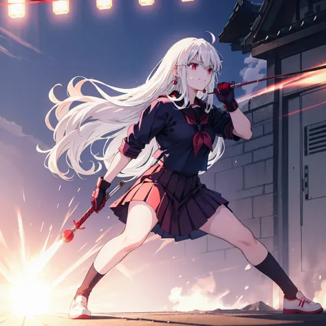 sukeban illyasviel_von_einzbern, mature_female, silver hair, holding yoyo, combat pose, full body, flowing hair, hair between the eyes, asymmetrical hair, red eyes, delicate facial features, sukeban deka clothe, looking_at_viewer, outdoors, background toky...