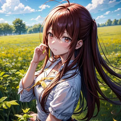 Kurisu Makise, les cheveux bruns, dans une prairie avec un air triste