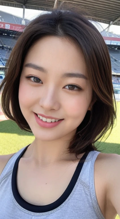 A woman with the same face as last time，４Ｋ、１Man Woman、A slender、 Loose wavy styling、Wearing a gray sports bra top at the stadium, Sporty , cute sportswear,  Perfect body, Perfect body,Sporty,I&#39;m not wearing anything inside、Be braless、Nipples are erect、...