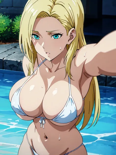 ((​masterpiece、top-quality、detaile、hight resolution、extremely delicate and beautiful, anime screen cap, anime colours))、(White Micro Bikini:1.3)、(huge drooping breasts:1.5), Leaning forward:1.5, Android 18, blond hair, cleavage, Hands down:1.3, Upper body:...