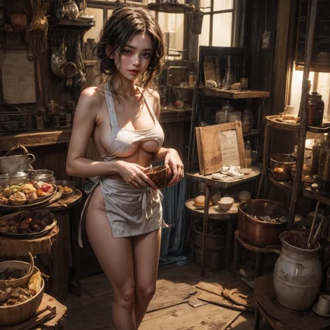 portrait full body, standing, nude young girl wearing only very small apron, revealing apron, exposed breast, sideboob, side boob, underboob, under boob, nsfw, exposed flesh, exposed navel, ripped apron, nsfw