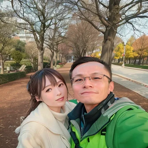 there is a man and woman taking a selfie In Park, 8K photos, park in background, Set in the park, ruan jia and fenghua zhong, There is a park behind, cute couple, In Park, photo taken with canon 5d, zeng fanzh, Middle Metaverse