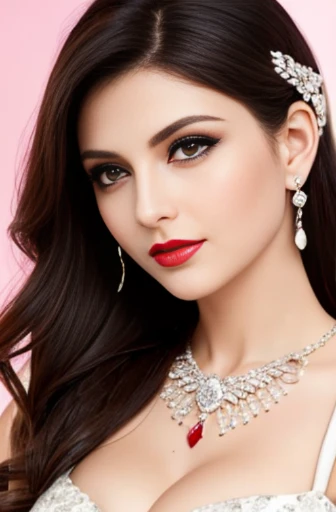 Lebanese lady, diamond dangling earrings, necklace, bracelets, small breasts, 40 years old, smokey eyes, cleavages, red lips, innocent face, wedding fashion ball gown, stylish hairstyle, posing, modeling, portrait