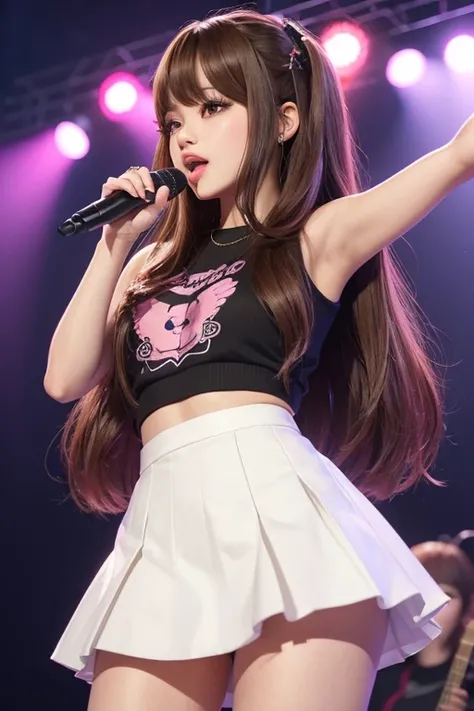 a cute idolgirl in 2D long light brown hair and a straight fringe, member of blackpink singing at concert (style "zepeto game")